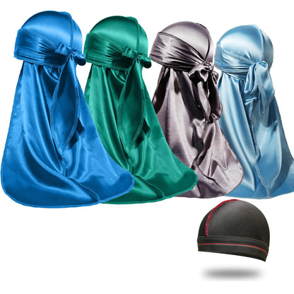 2MG 4-PCS Silky Long Tail Durags and 1 Satin Cap