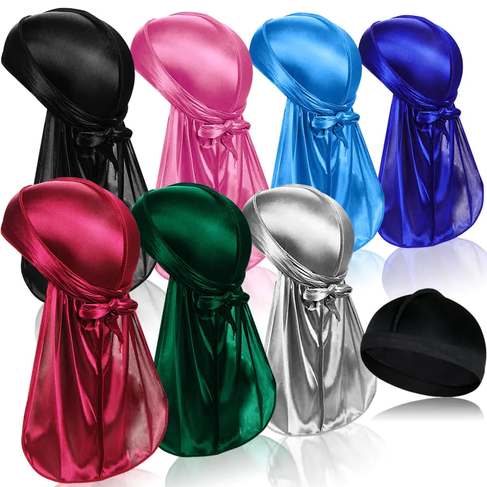 2MG 7-PCS Silky Long Tail Durags and 1 Satin Wave Cap